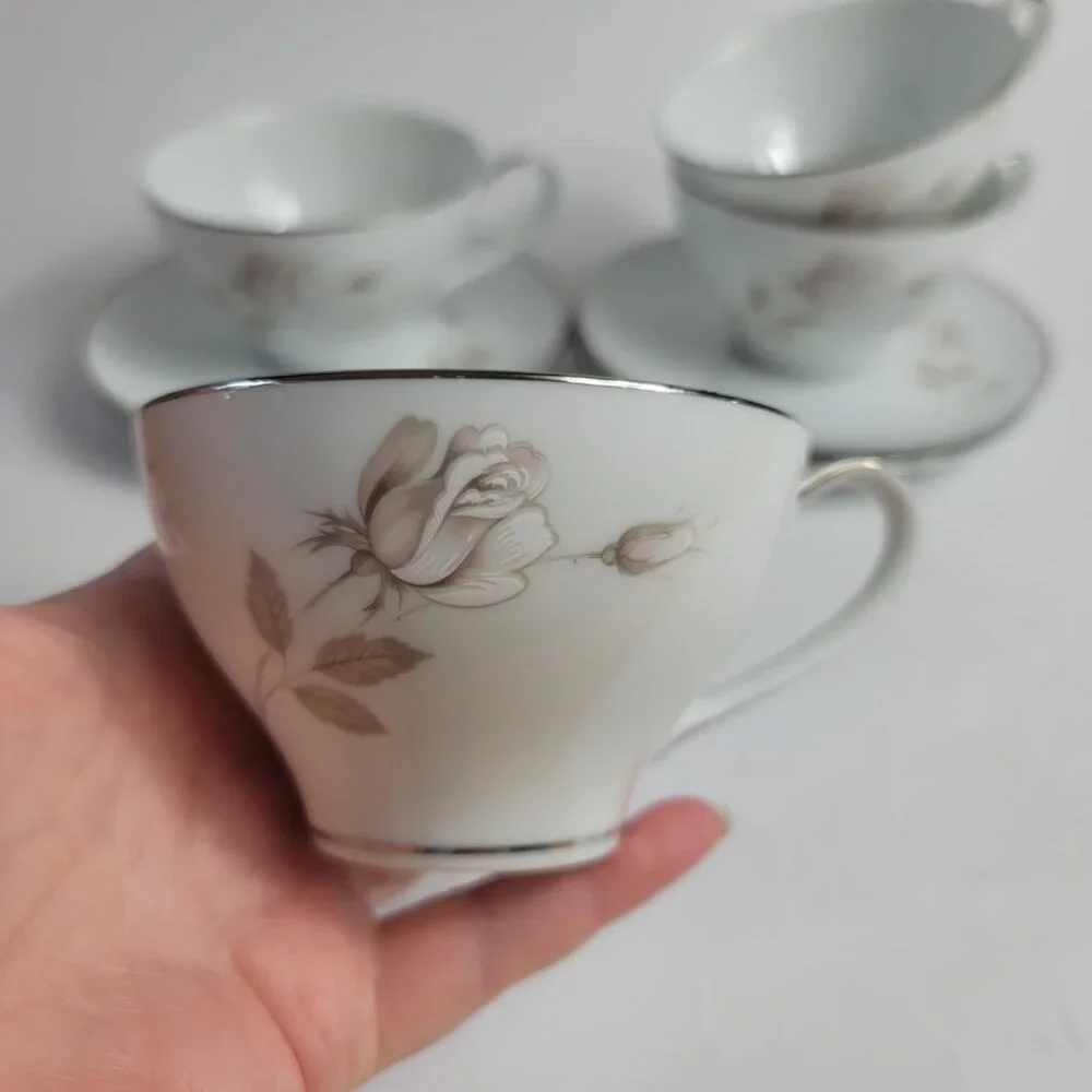 FOUR Noritake Sweet Talk Cup & Saucers Sets White with Pink & White Roses